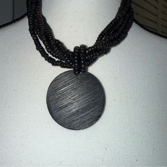 Multi Strand Wood Beaded Mosaic Round Pendant Necklace, Brown 17” Long - Picture 2 of 5